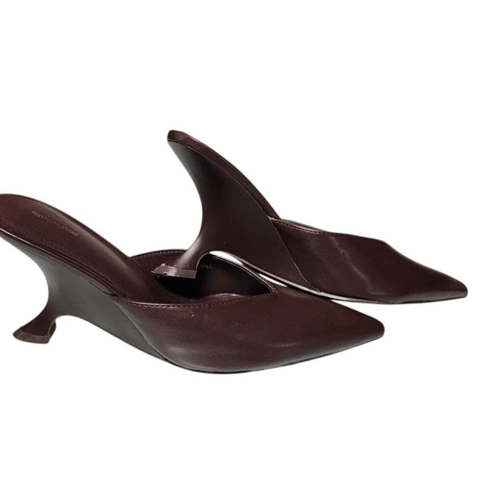 Pretty Little Thing Chocolate PU Point Toe Wedge Heel Mules Size 8